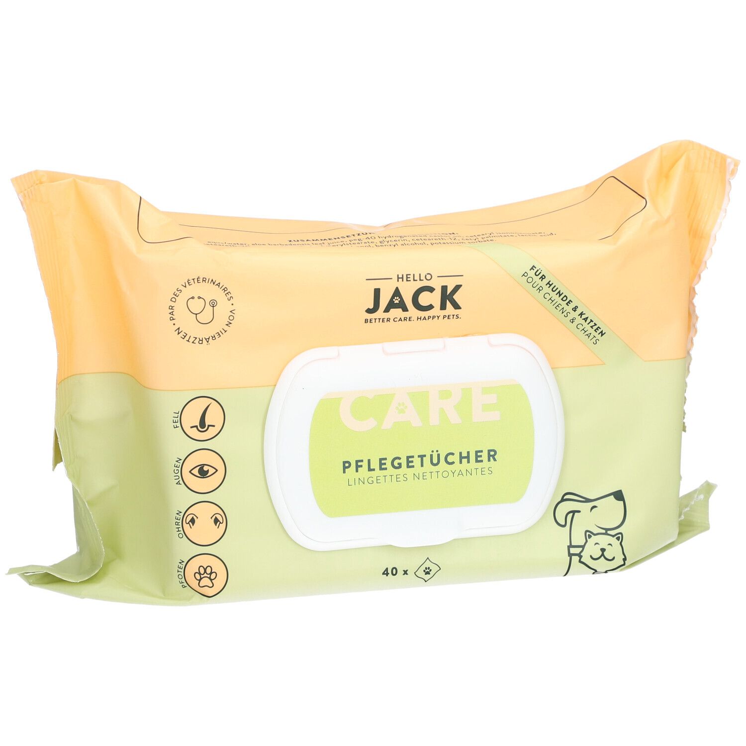 Verpackung mit Pflegetüchern für Hunde und Katzen. Grün-gelbe Verpackung mit Aufdrucken und Logo. 40 Tücher.