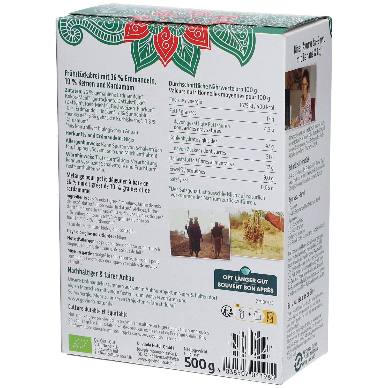 Verpackung von Govinda Erdmandel Frühstücks-Bowl. Text: Erdmandel Frühstücks-Bowl, Chufli Ayurveda, ohne Zuckerzusatz, glutenfrei, ballaststoffreich, vegan.