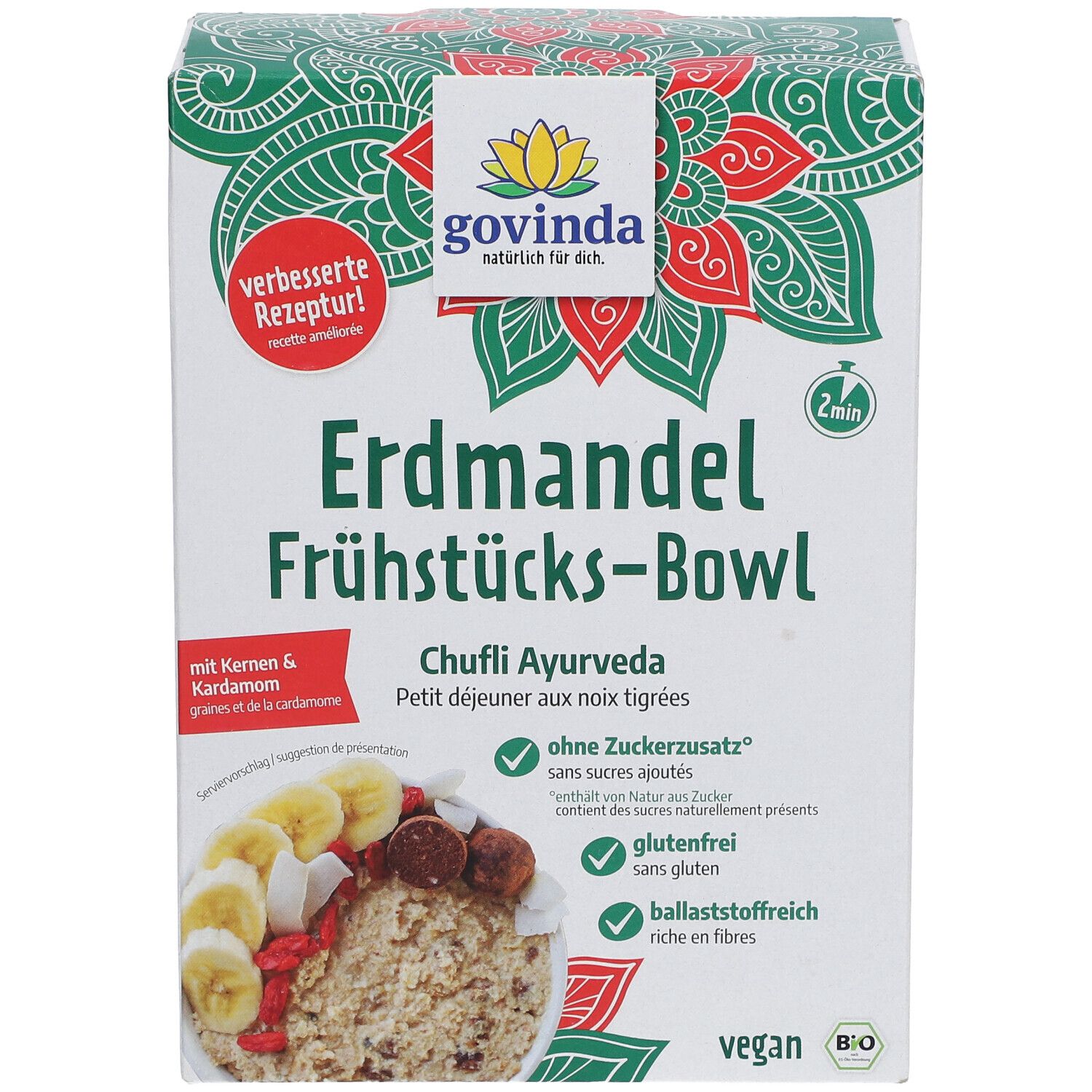 Rückseite der Govinda Erdmandel Frühstücks-Bowl Verpackung. Text: Nährwertangaben, Zutaten, Bio-Siegel, vegan.