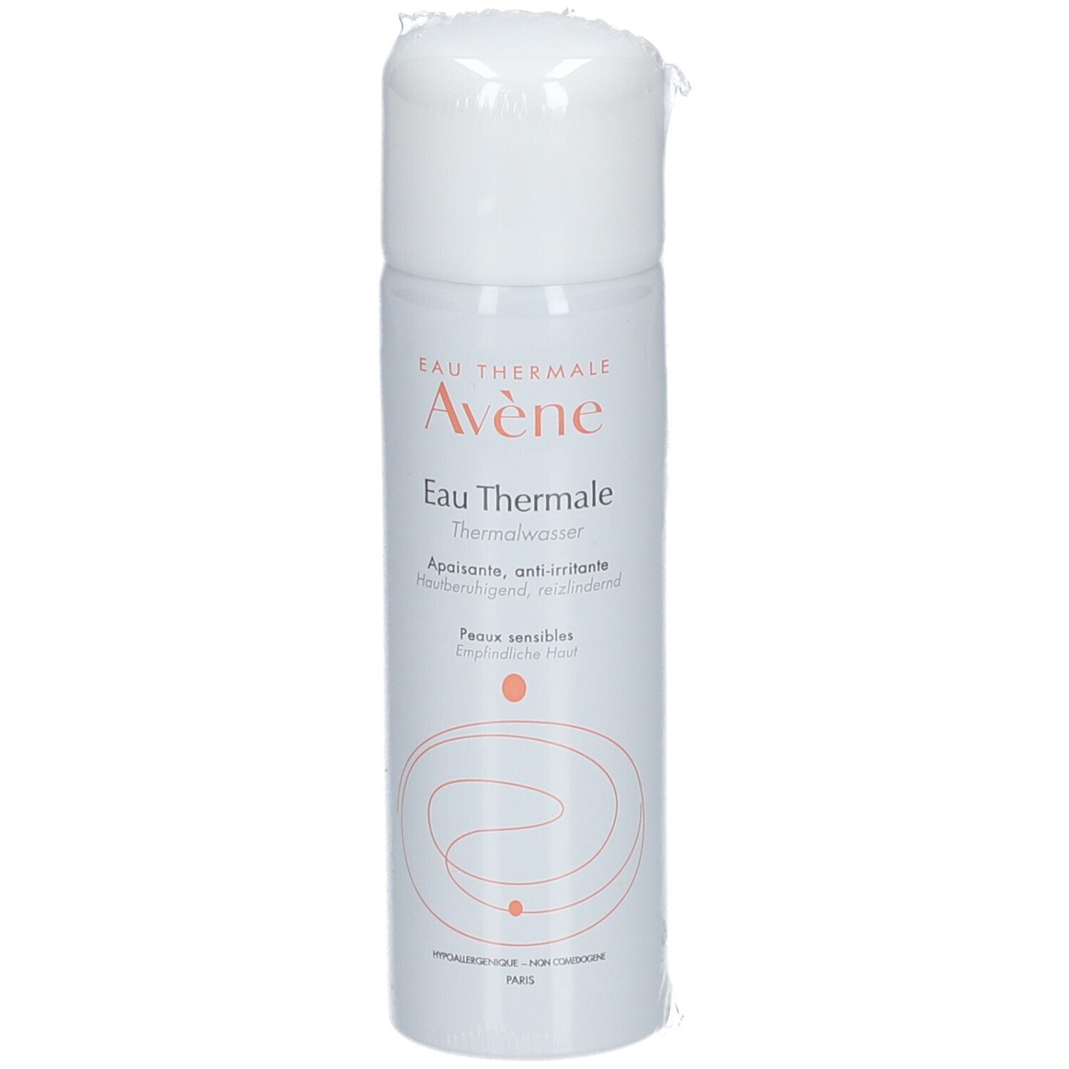 Weißes Spray mit Produktnamen und Markennamen. Text: Eau Thermale Avène. Für empfindliche Haut.