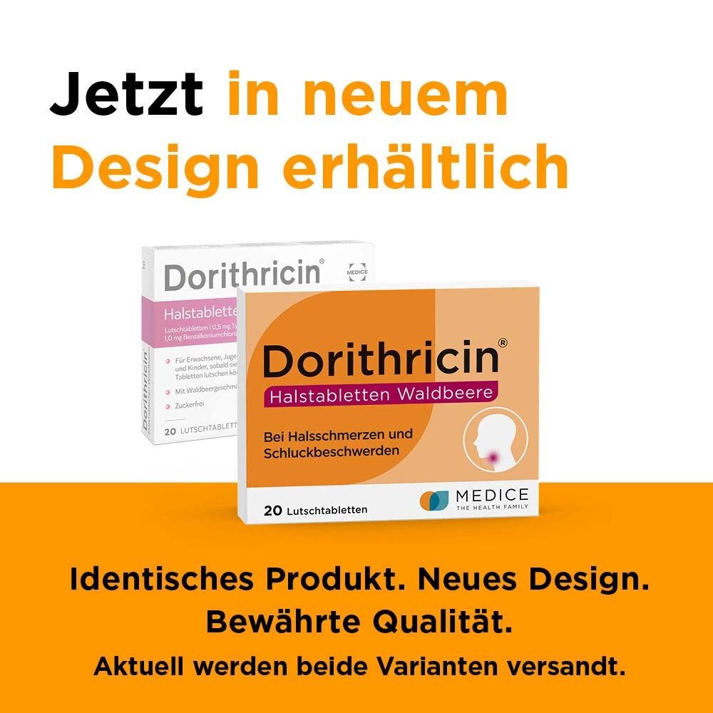 Dorithricin Halstabletten Waldbeere Packung. Text: Jetzt in neuem Design erhältlich. Identisches Produkt. Neues Design. Bewährte Qualität.