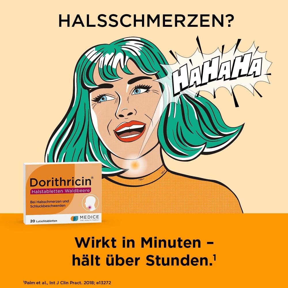 Comic-Illustration einer Frau mit Halsschmerzen. Dorithricin Packung. Text: Wirkt in Minuten - hält über Stunden.