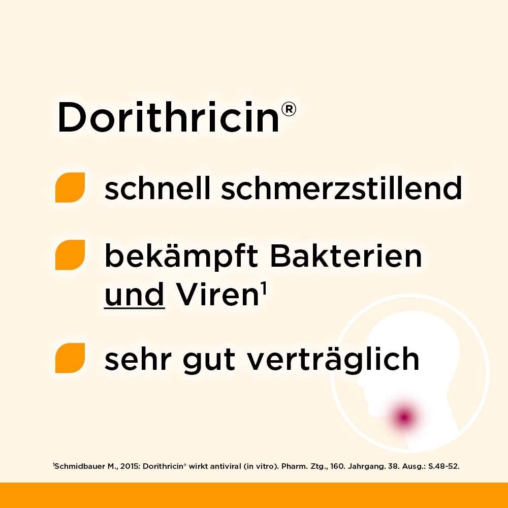 Text mit drei Vorteilen von Dorithricin: schnell schmerzstillend, bekämpft Bakterien und Viren, sehr gut verträglich. Abbildung eines Halses.