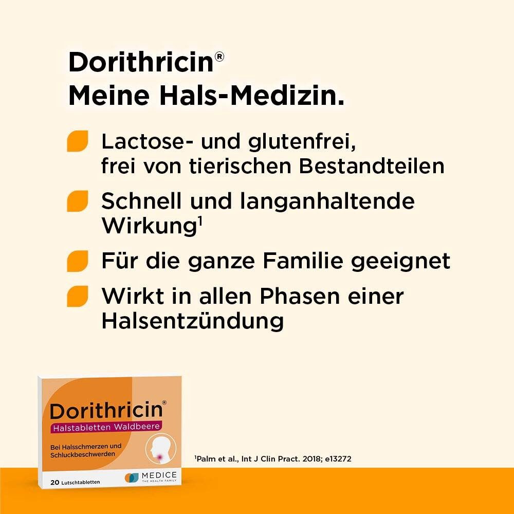 Text mit Vorteilen von Dorithricin: lactose- und glutenfrei, schnell und langanhaltend, für die ganze Familie geeignet, wirkt in allen Phasen.