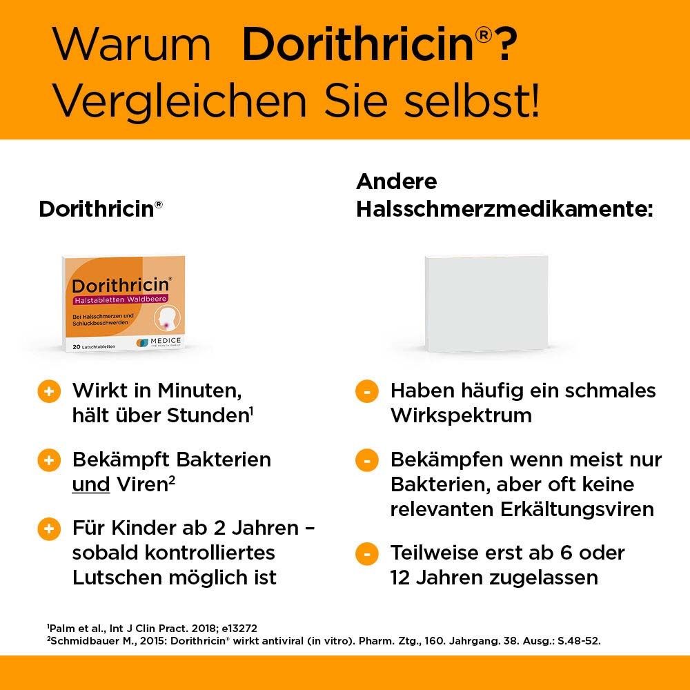 Vergleich Dorithricin mit anderen Halsschmerzmedikamenten. Dorithricin: wirkt in Minuten, bekämpft Bakterien und Viren, für Kinder ab 2 Jahren.