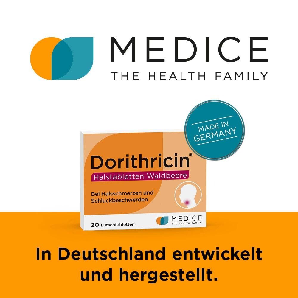 Dorithricin Packung mit Logo MEDICE. Text: In Deutschland entwickelt und hergestellt. Made in Germany.