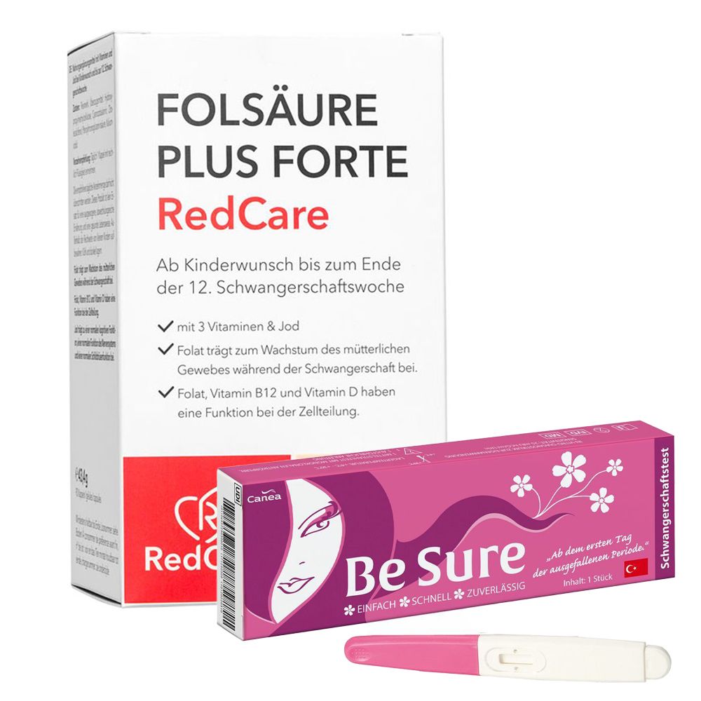 Redcare Folsäure Plus Forte + Be Sure Schwangerschaftstest