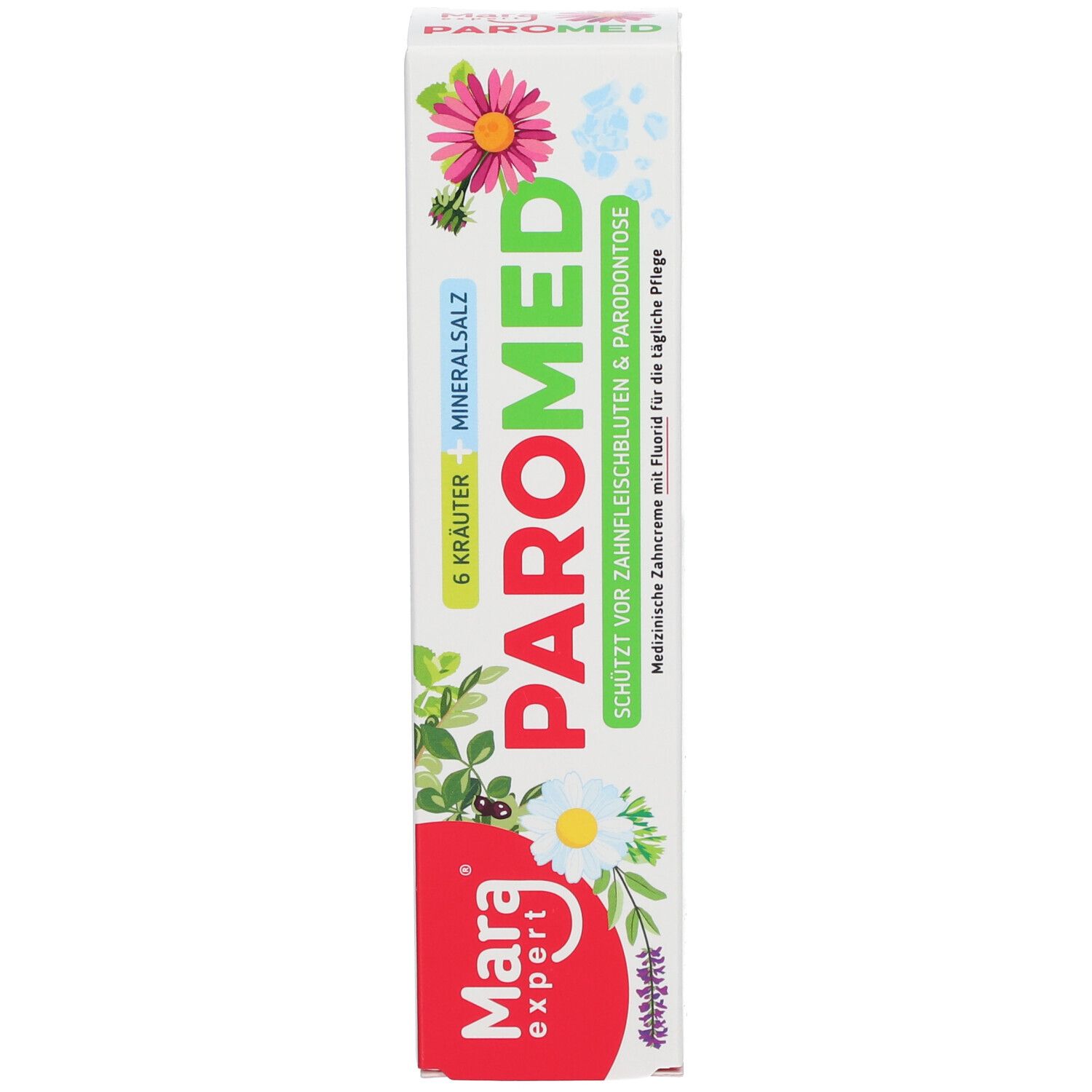Zahncreme-Schachtel. Haupttext: PAROMED, Mara expert. Enthält 6 Kräuter und Mineralsalz.