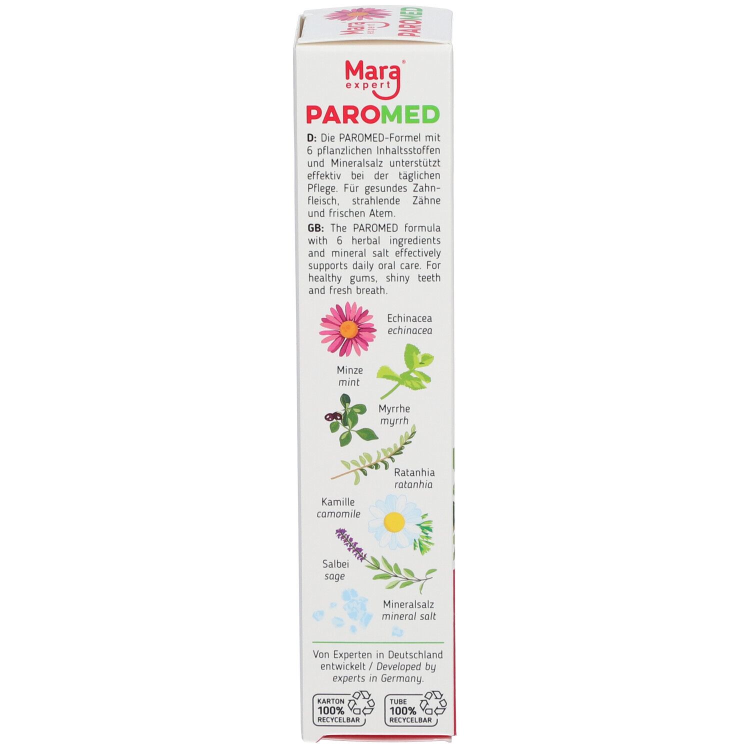Rückseite der Zahncreme-Schachtel. Text mit Inhaltsstoffen, 6 Kräutern und Mineralien.