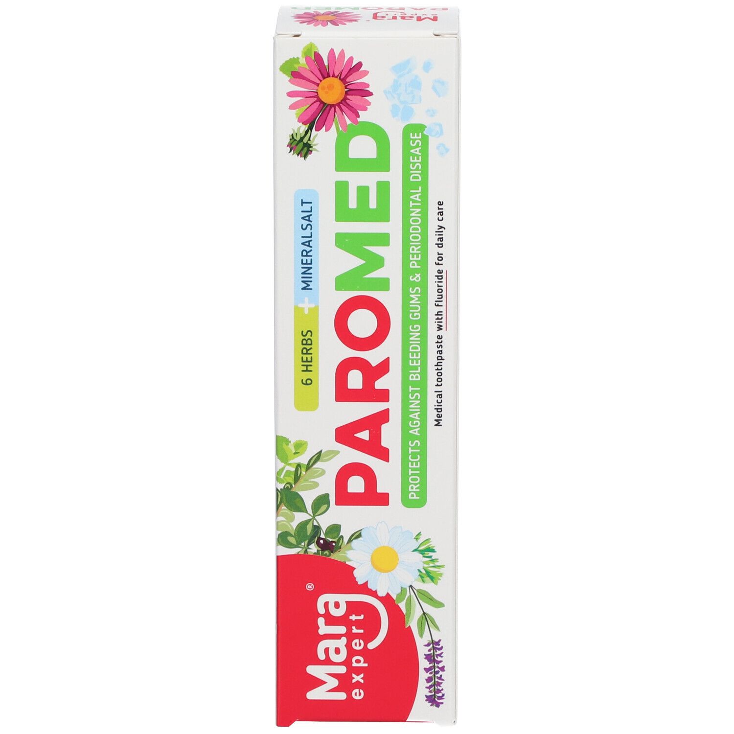 Zahncreme-Schachtel. Haupttext: PAROMED, Mara expert. Schützt vor Zahnfleischbluten & Parodontose.