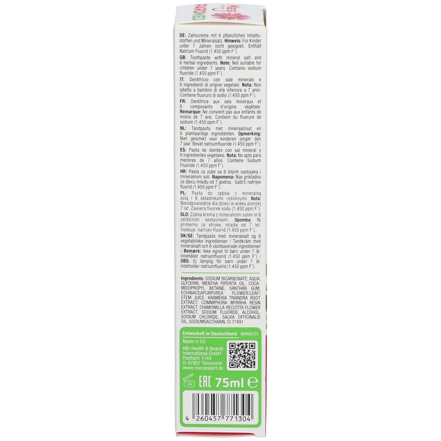 Zahncreme-Schachtel. Text mit Inhaltsstoffen, 6 Kräutern und Mineralien. Enthält 75ml.
