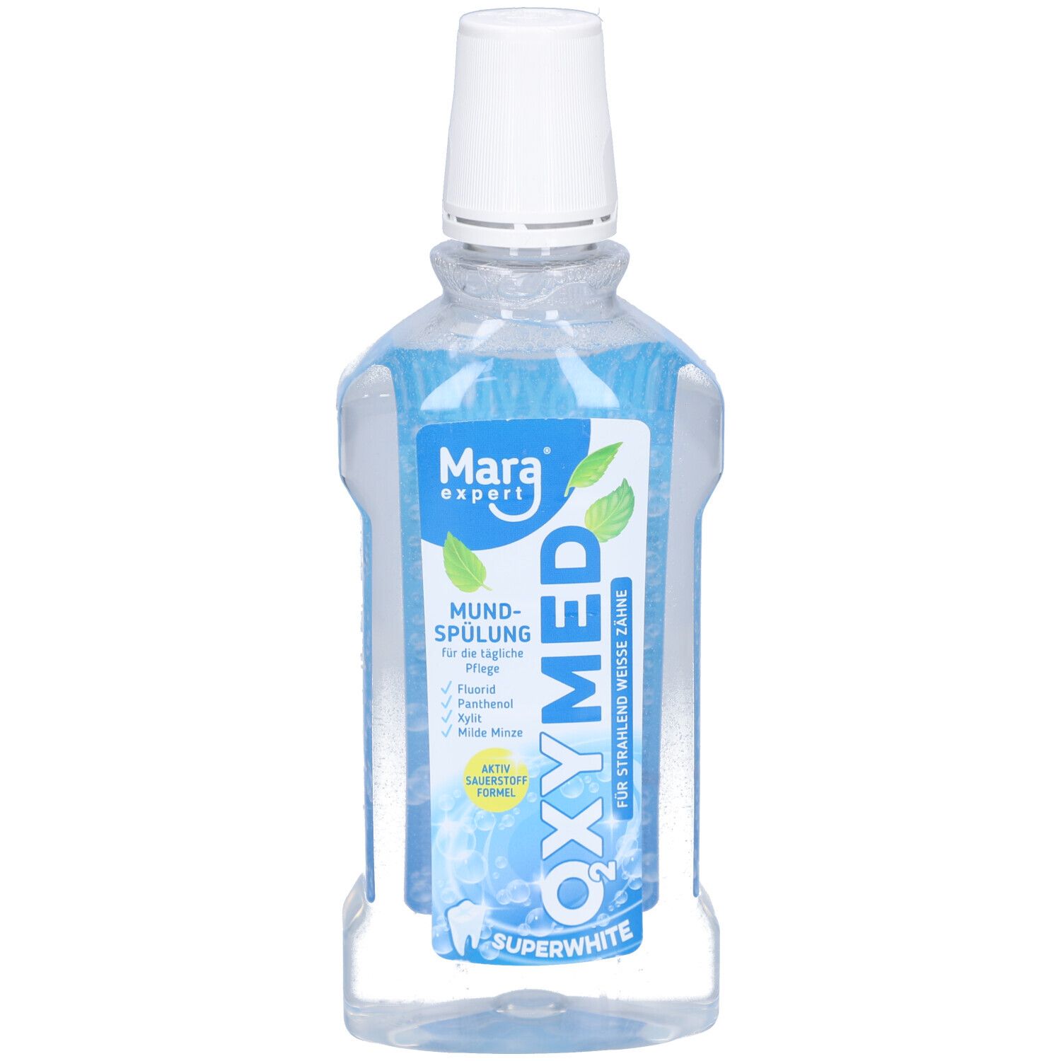 OXYMED Mundspülung. Transparente Flasche mit blauem Inhalt. Weißer Deckel. Blaue und grüne Etiketten mit Text. Sichtbare Marke: Mara expert.