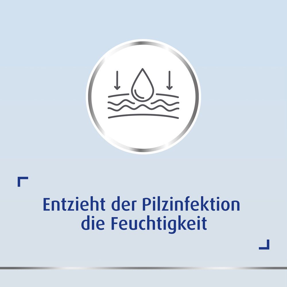 Grafik: Tropfen auf Haut. Text: Entzieht der Pilzinfektion die Feuchtigkeit.