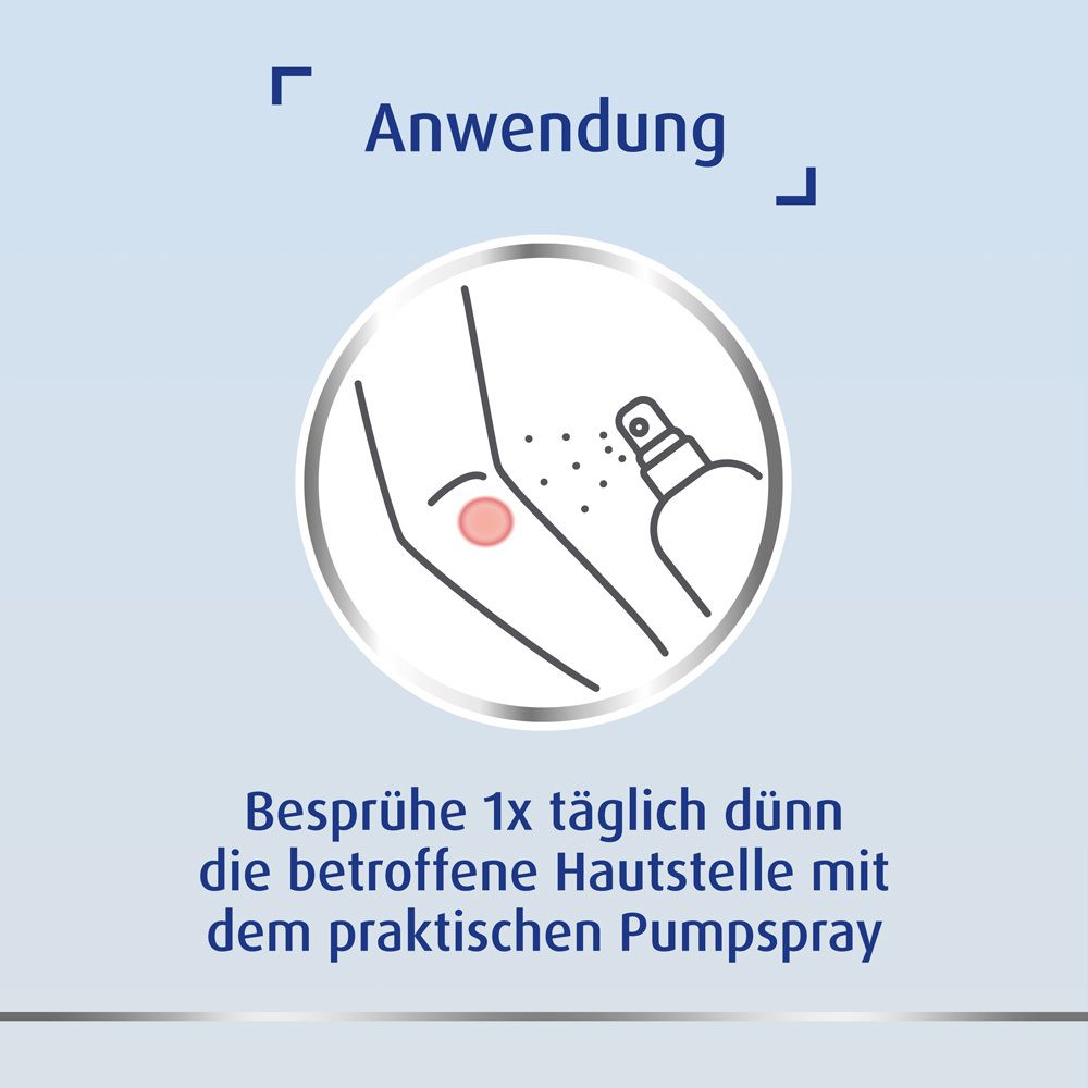 Illustration: Arm mit Hautausschlag, Spray. Text: Besprühe 1x täglich dünn die betroffene Hautstelle.