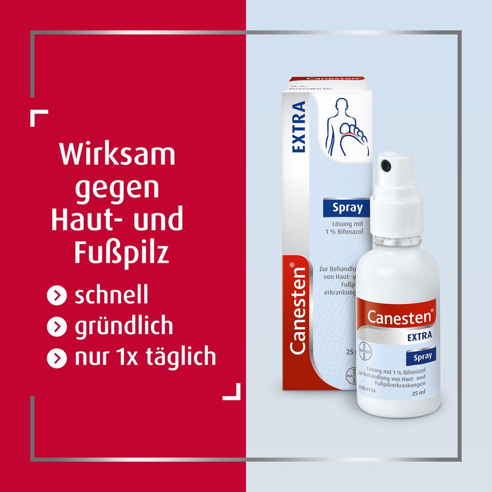Canesten EXTRA Spray und Verpackung. Text: Wirksam gegen Haut- und Fußpilz. Schnell, gründlich, nur 1x täglich.