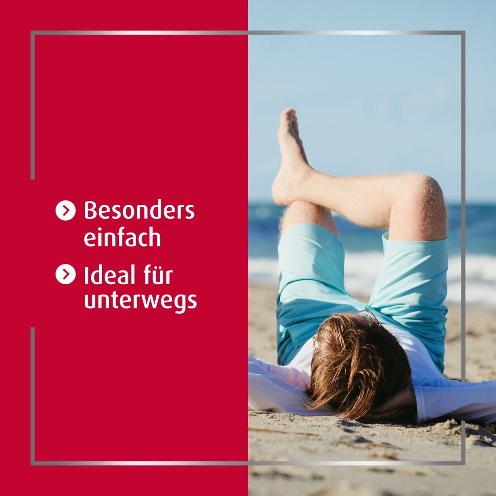 Mann am Strand. Text: Besonders einfach. Ideal für unterwegs.