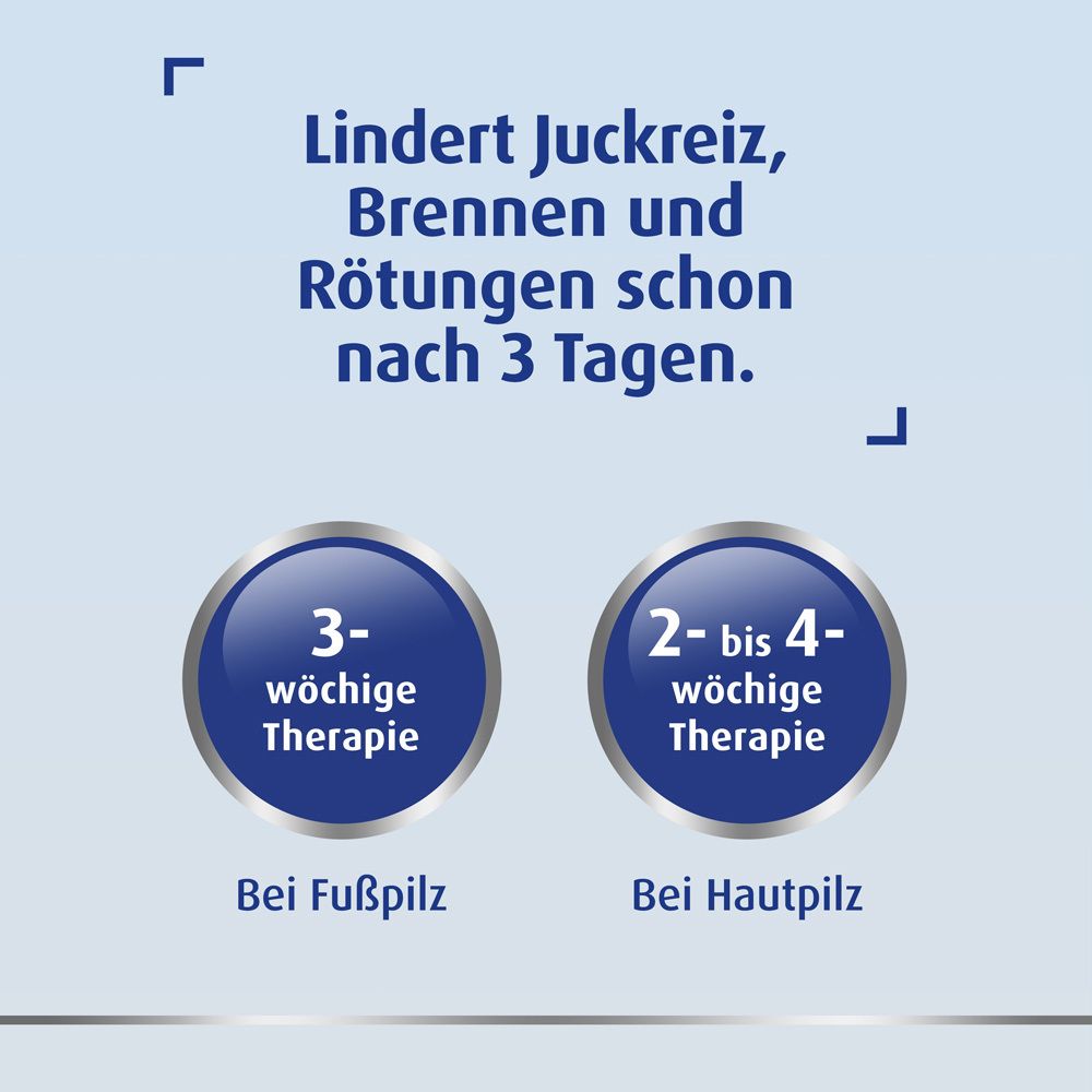 Text: Lindert Juckreiz, Brennen und Rötungen schon nach 3 Tagen. 3-wöchige Therapie bei Fußpilz. 2- bis 4-wöchige Therapie bei Hautpilz.