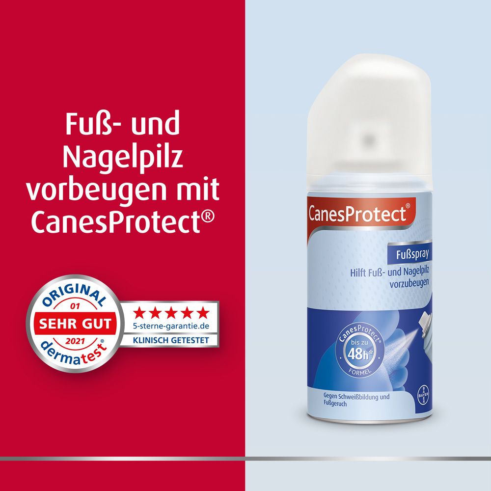 CanesProtect® Fußspray. Weiße Kappe, blaue und rote Beschriftung. Hilft Fuß- und Nagelpilz vorzubeugen. Dermatest-Siegel.