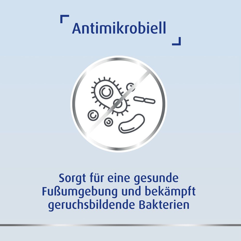 Kreis mit Symbolen: Bakterien, Pilze. Text: Sorgt für eine gesunde Fußumgebung und bekämpft geruchsbildende Bakterien.