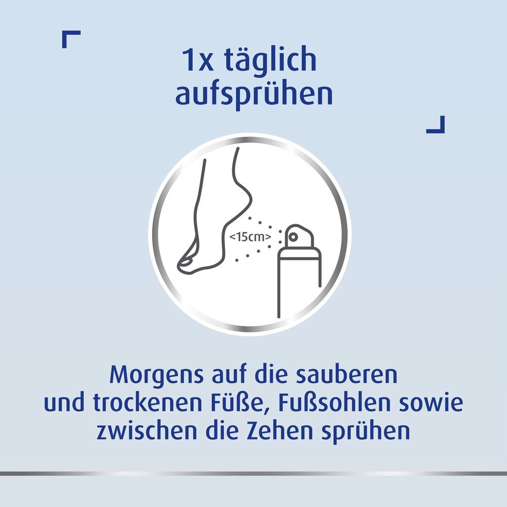 Fuß mit Spraydose. Text: Morgens auf die sauberen und trockenen Füße, Fußsohlen sowie zwischen den Zehen sprühen.