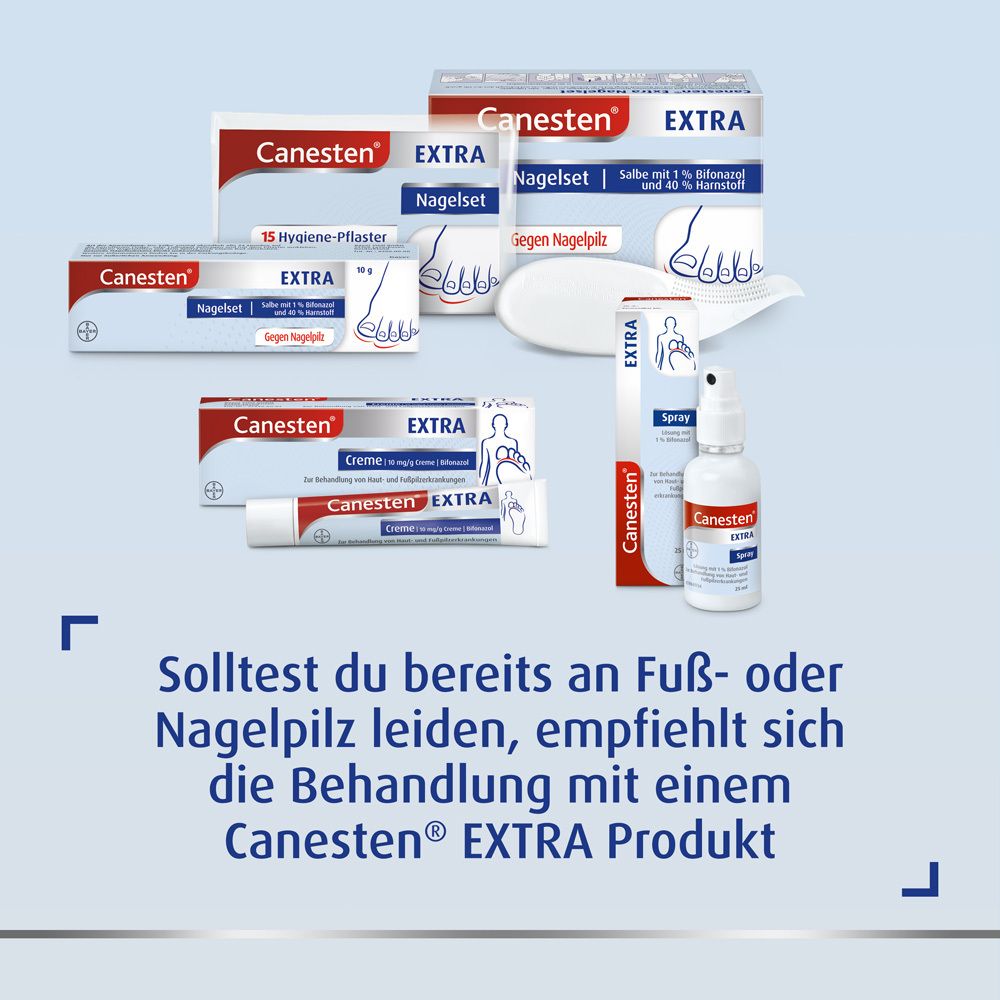 Verschiedene Canesten® EXTRA Produkte. Text: Behandlung mit einem Canesten® EXTRA Produkt.