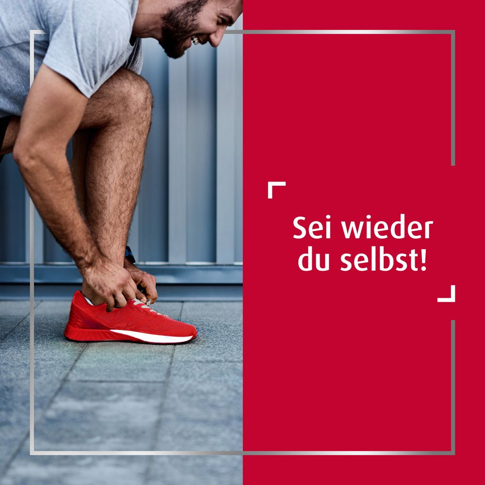 Mann bindet roten Schuh. Text: Sei wieder du selbst!