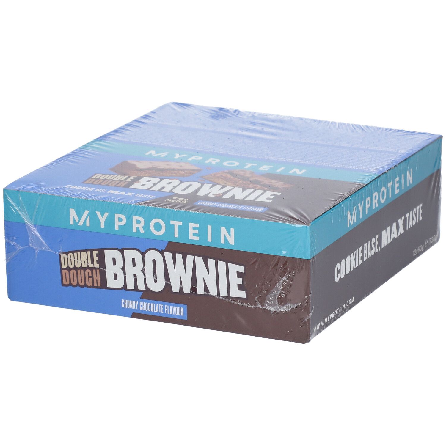 Verpackung mit Aufschrift "MYPROTEIN DOUBLE DOUGH BROWNIE". Blaue und braune Verpackung, eingeschweißt.