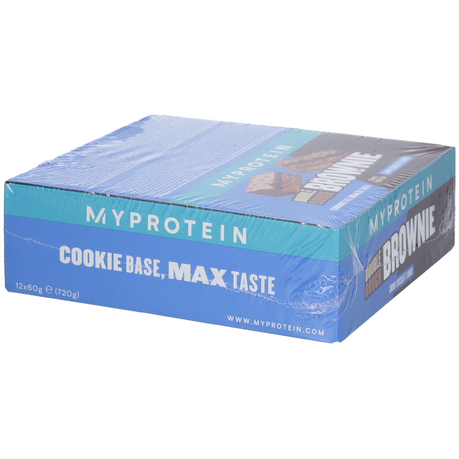 Verpackung "MYPROTEIN DOUBLE DOUGH BROWNIE". Blaue Verpackung mit Text "COOKIE BASE, MAX TASTE".