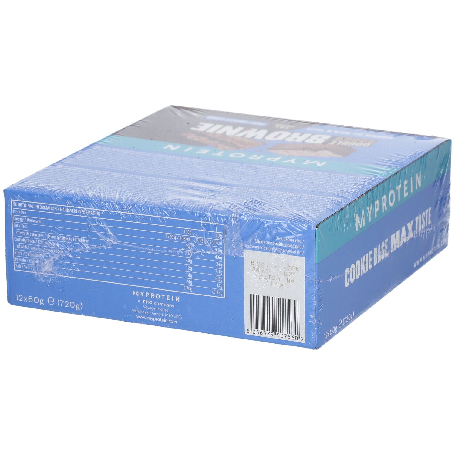 Verpackung "MYPROTEIN DOUBLE DOUGH BROWNIE". Rückseite mit Nährwertangaben und Chargennummer.