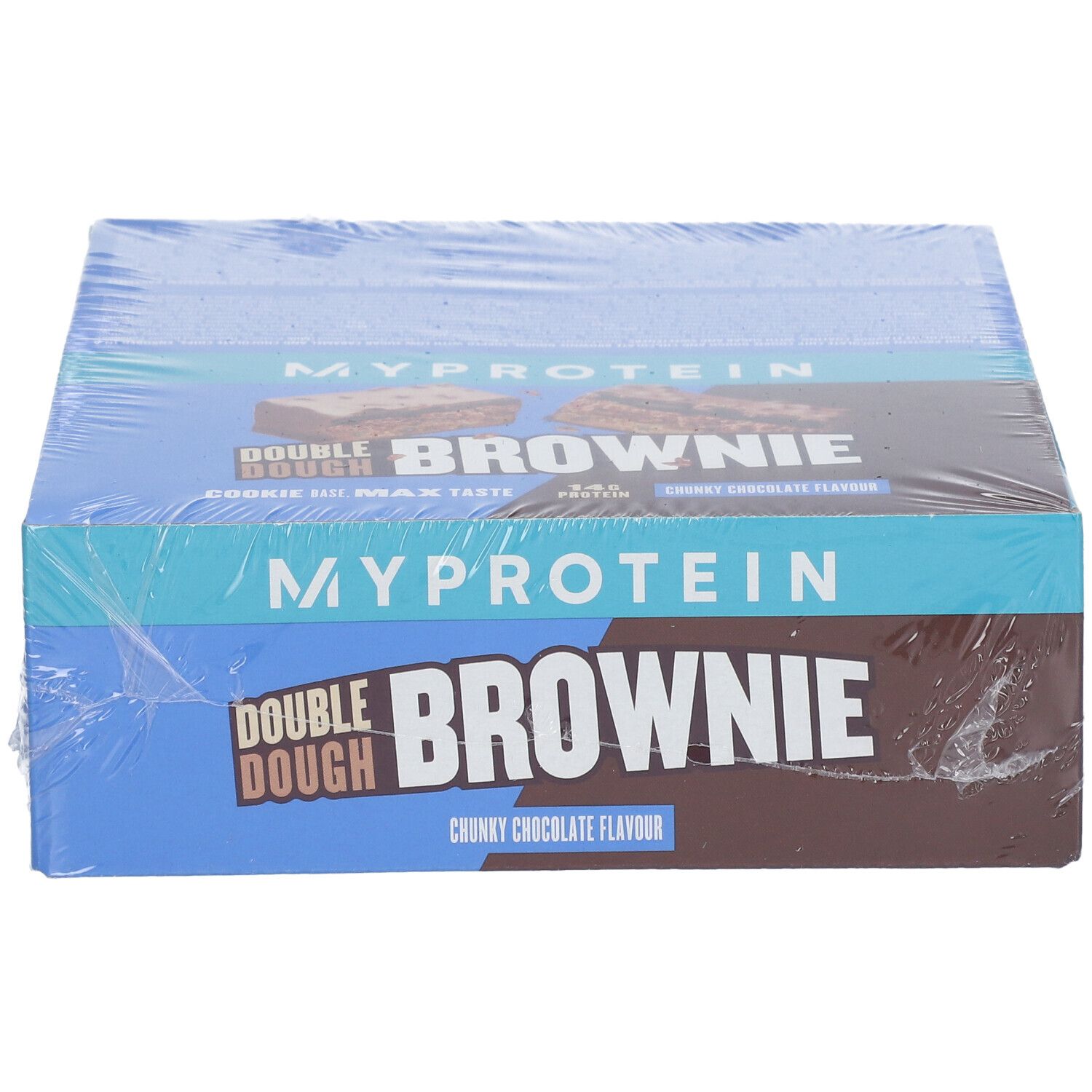 Verpackung "MYPROTEIN DOUBLE DOUGH BROWNIE". Blaue und braune Verpackung, eingeschweißt.