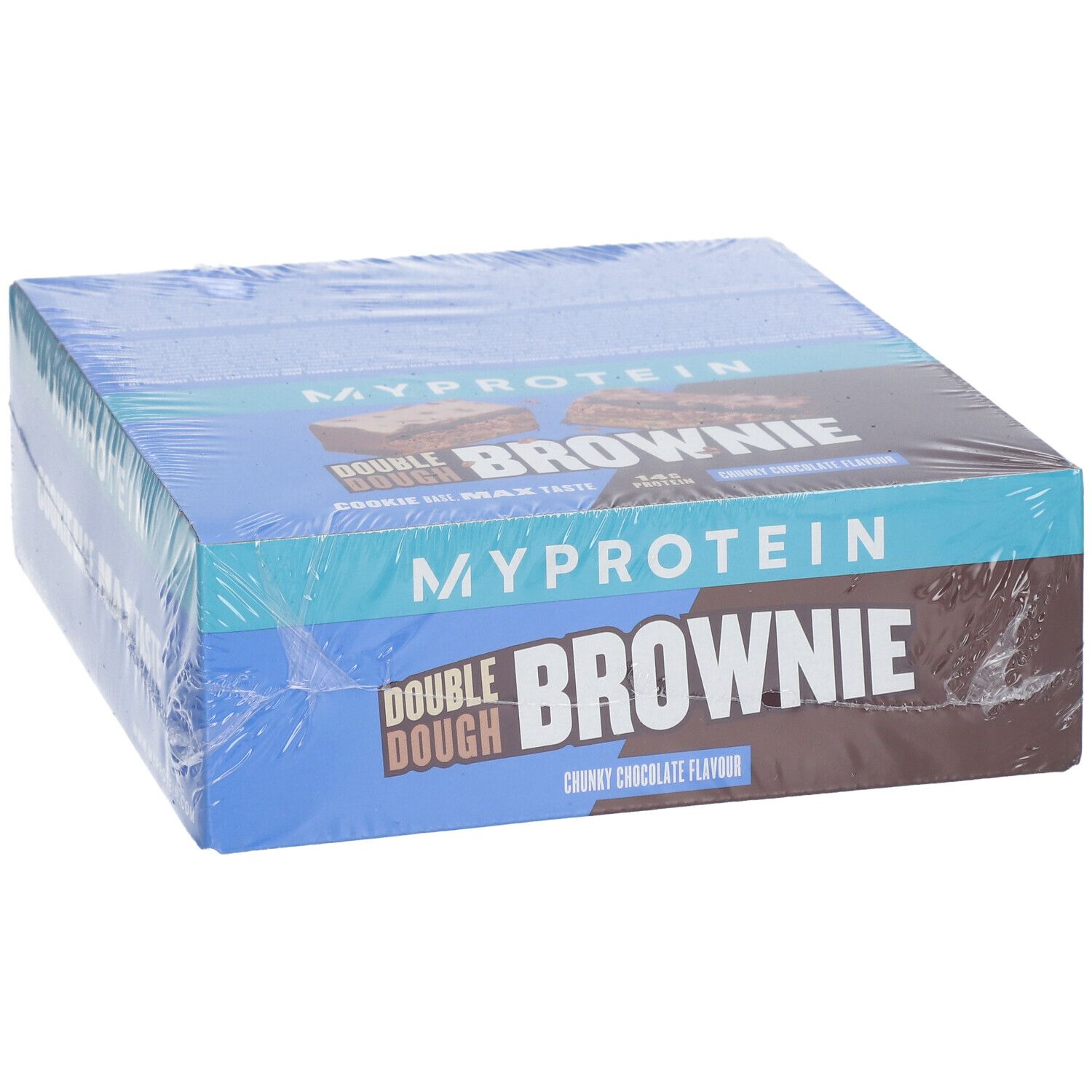 Verpackung "MYPROTEIN DOUBLE DOUGH BROWNIE". Blaue und braune Verpackung, eingeschweißt.
