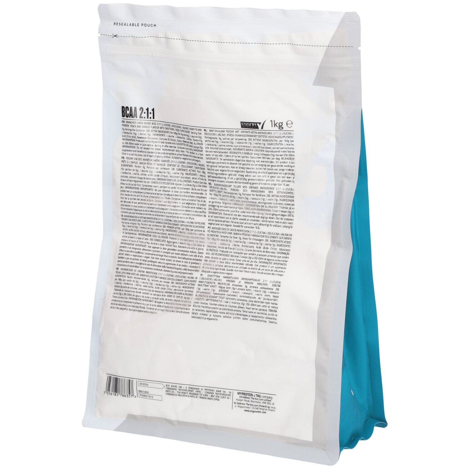 Rückseite des BCAA 2:1:1 Beutels von Myprotein. Weiß mit Text und 1kg-Angabe. Blaue Ecke.