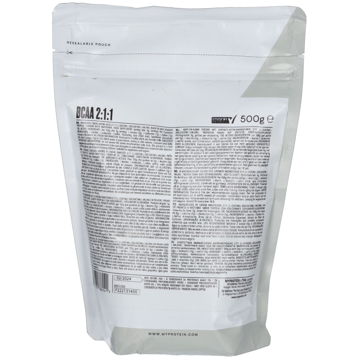 Rückseite des Beutels "BCAA 2:1:1". Weiß. Text und Informationen. 500g. Barcode unten. Marke Myprotein.