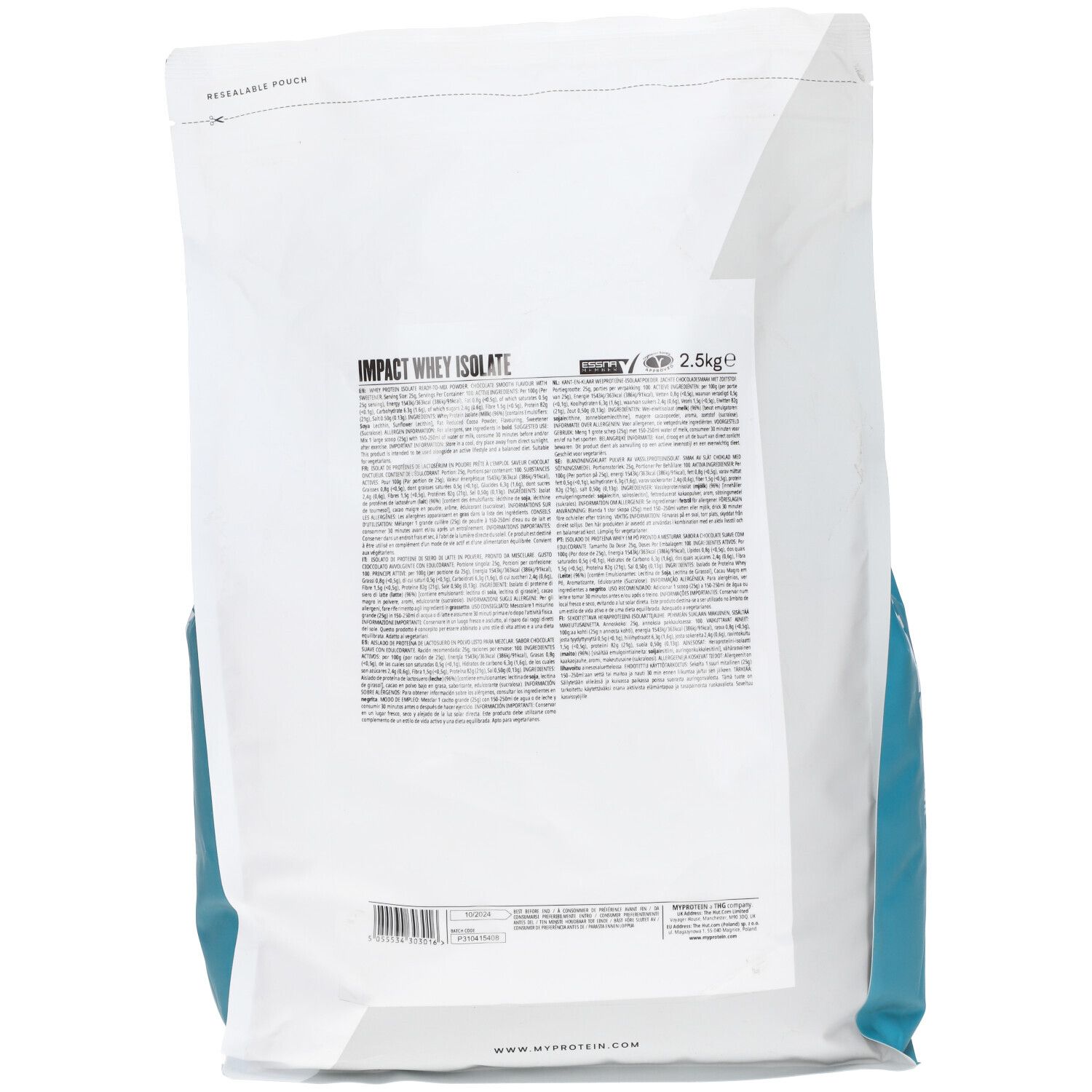 Dos d'un sac blanc avec inscription "Impact Whey Isolate". Texte et code-barres. Indication 2.5kg.