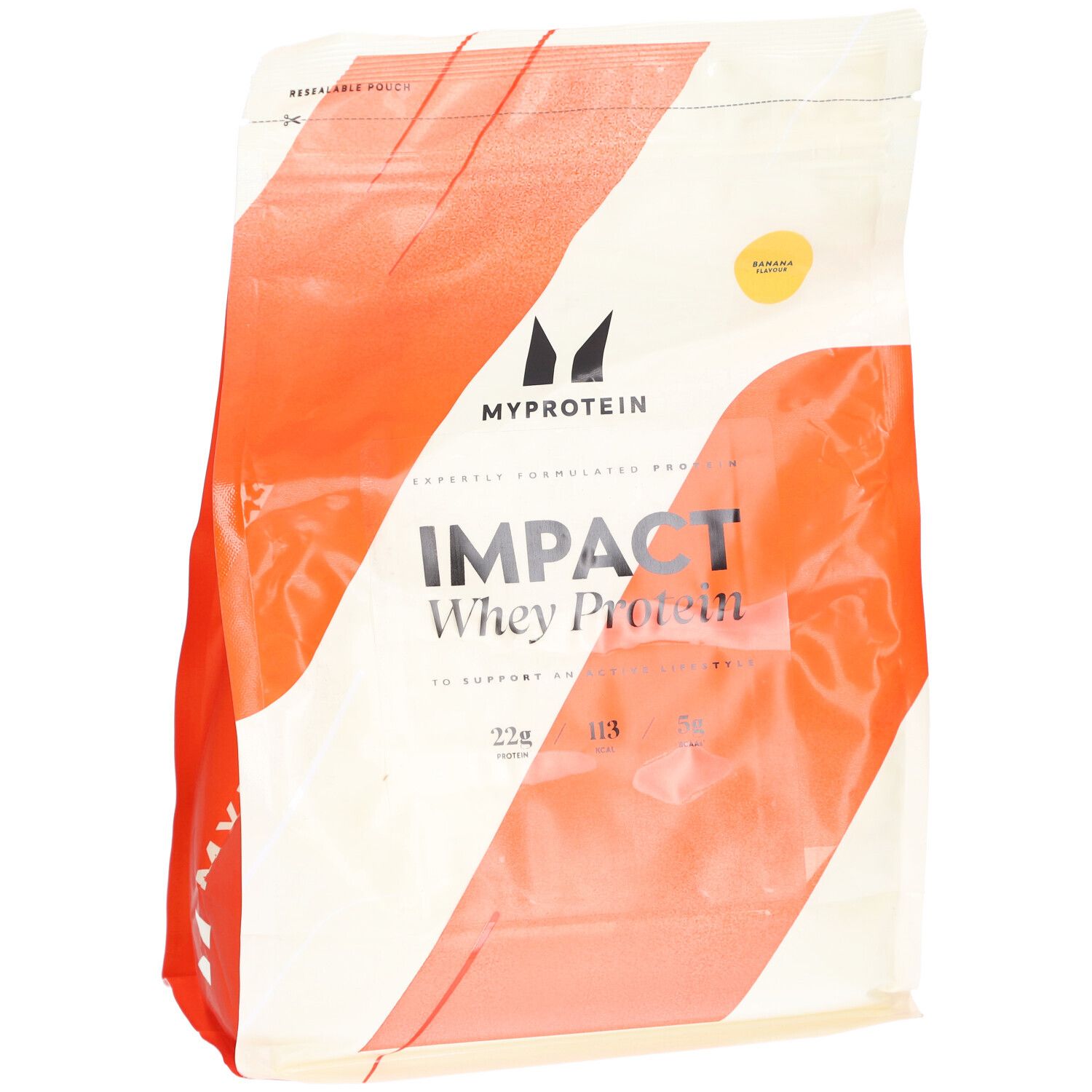 Beutel mit Myprotein Impact Whey Protein. Weiß und orange. Aufschrift: Impact Whey Protein, Banana.