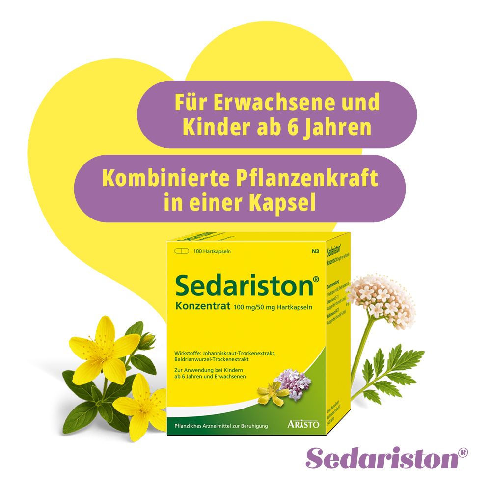 Gelber Hintergrund mit Text: Für Erwachsene und Kinder ab 6 Jahren. Kombinierte Pflanzenkraft in einer Kapsel. Sedariston® Konzentrat.
