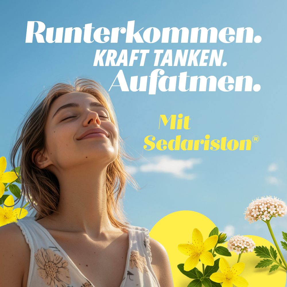 Frau mit geschlossenen Augen unter blauem Himmel. Text: Runterkommen. Kraft tanken. Aufatmen. Mit Sedariston®.