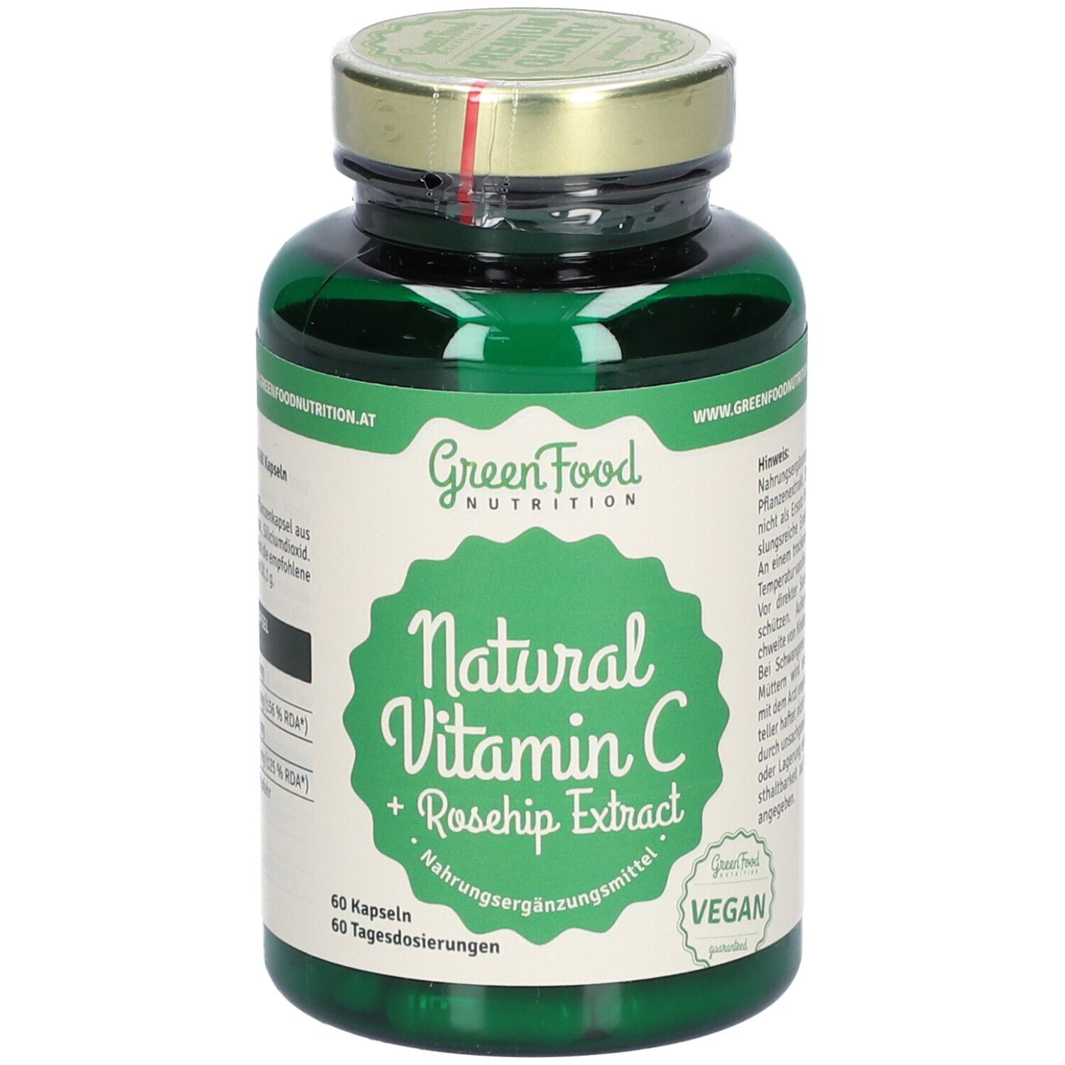 Grüne Glasflasche mit goldfarbenem Deckel. Etikett mit "GreenFood Nutrition", "Natural Vitamin C + Rosehip Extract" und "Vegan".