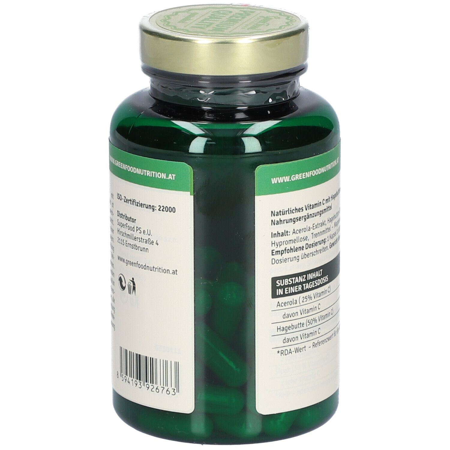Grüne Kapseln in einer grünen Glasflasche. Etikett mit Inhaltsangaben, darunter Acerola und Vitamin C. Text in deutscher Sprache.