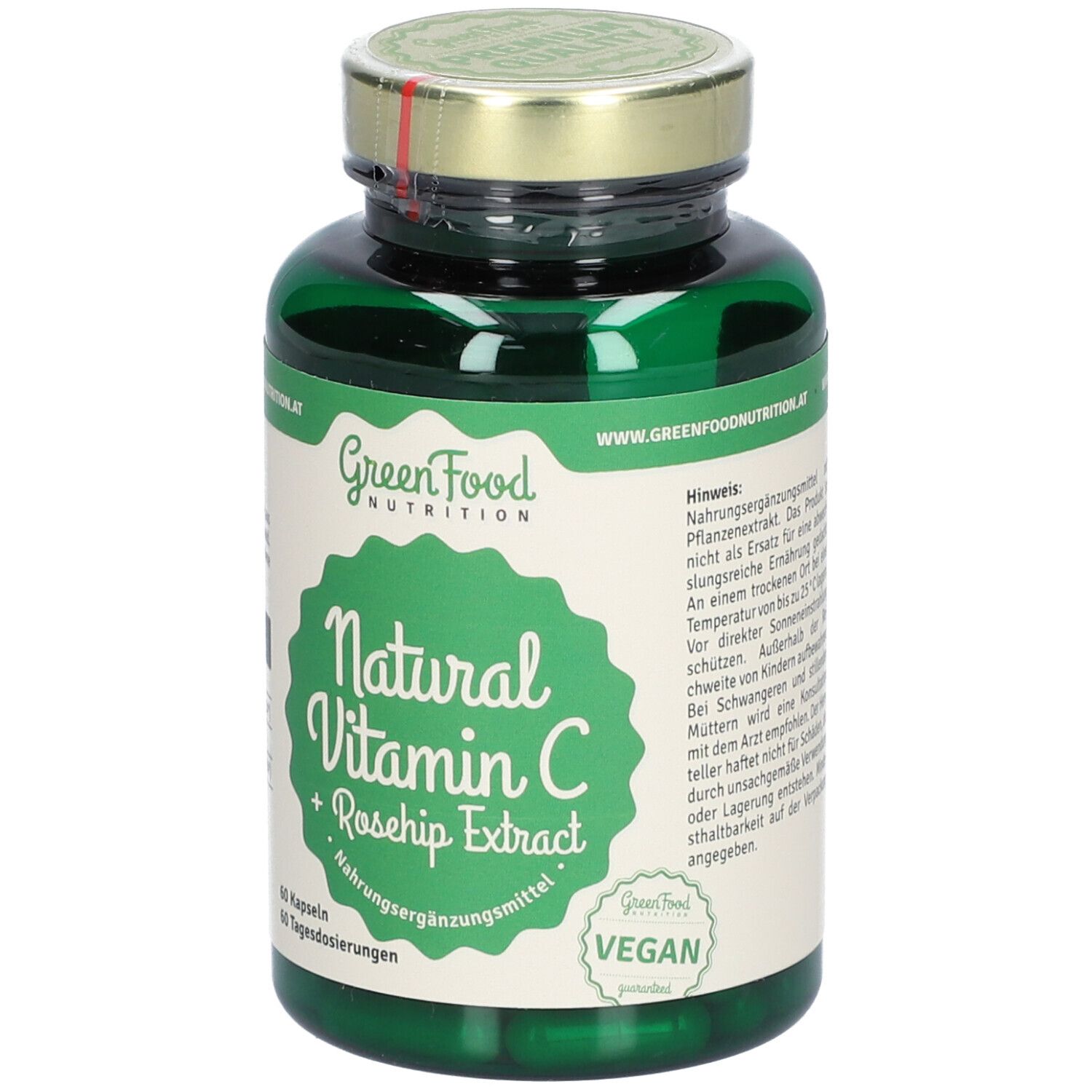 Grüne Glasflasche mit goldfarbenem Deckel. Etikett mit "GreenFood Nutrition", "Natural Vitamin C + Rosehip Extract" und "Vegan".