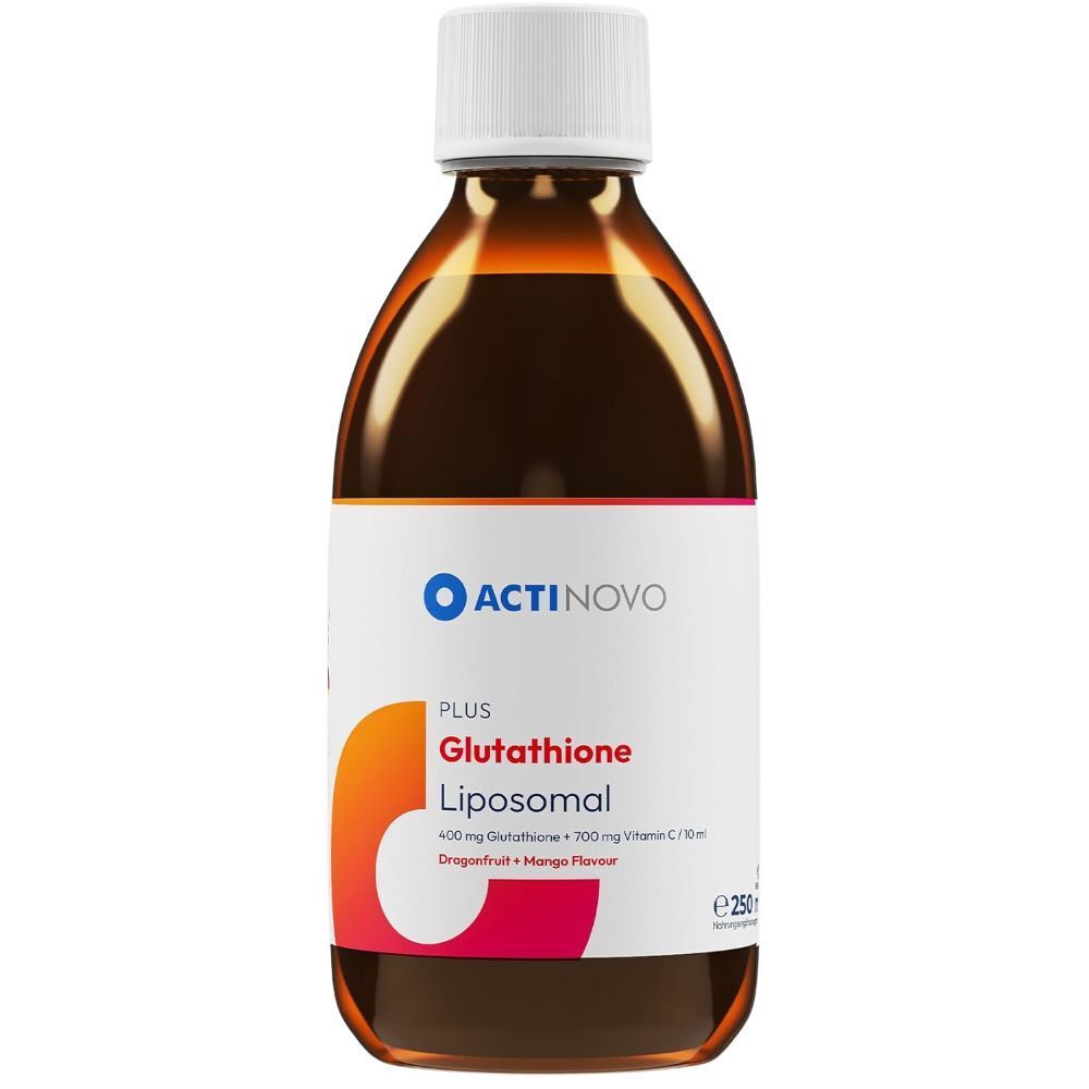 Braune Flasche mit weißem Deckel. Etikett mit ACTINOVO Logo und Produktinformationen. Flüssigkeit sichtbar.