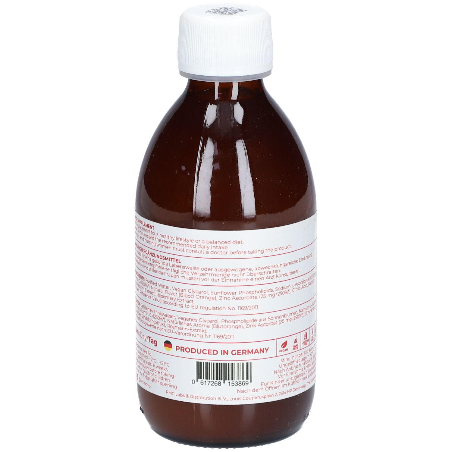 Rückseite der braunen Flasche mit weißem Deckel. Etikett mit Inhaltsstoffen und Informationen. Hergestellt in Deutschland.