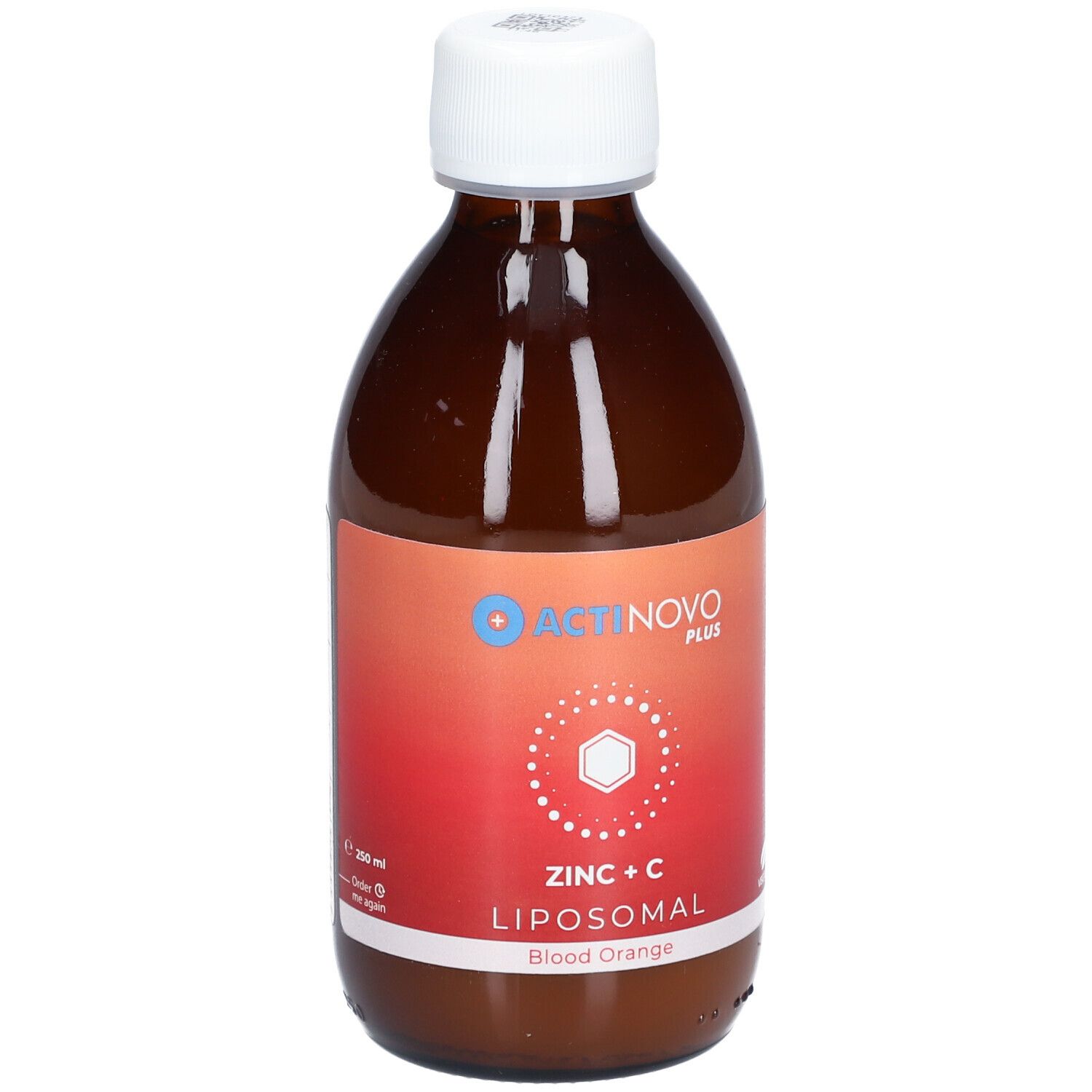 Braune Flasche mit weißem Deckel. Etikett mit ACTINOVO PLUS, Zink + C Liposomal, Blutorange. Flasche steht.