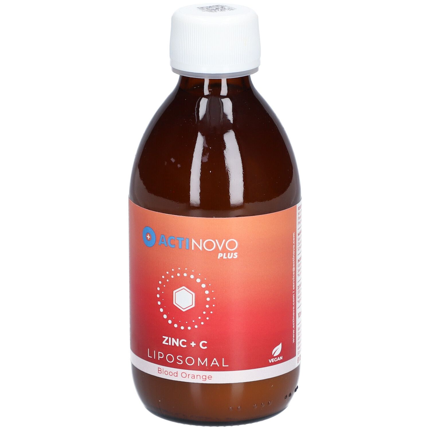 Braune Flasche mit weißem Deckel. Etikett mit ACTINOVO PLUS, Zink + C Liposomal, Blutorange. Vegan-Logo.