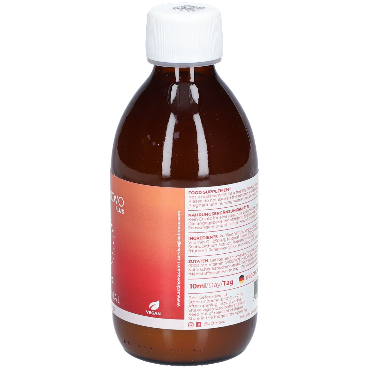 Braune Flasche mit weißem Deckel. Etikett mit ACTINOVO PLUS, Zink + C Liposomal, Blutorange. Vegan-Logo. Informationen.