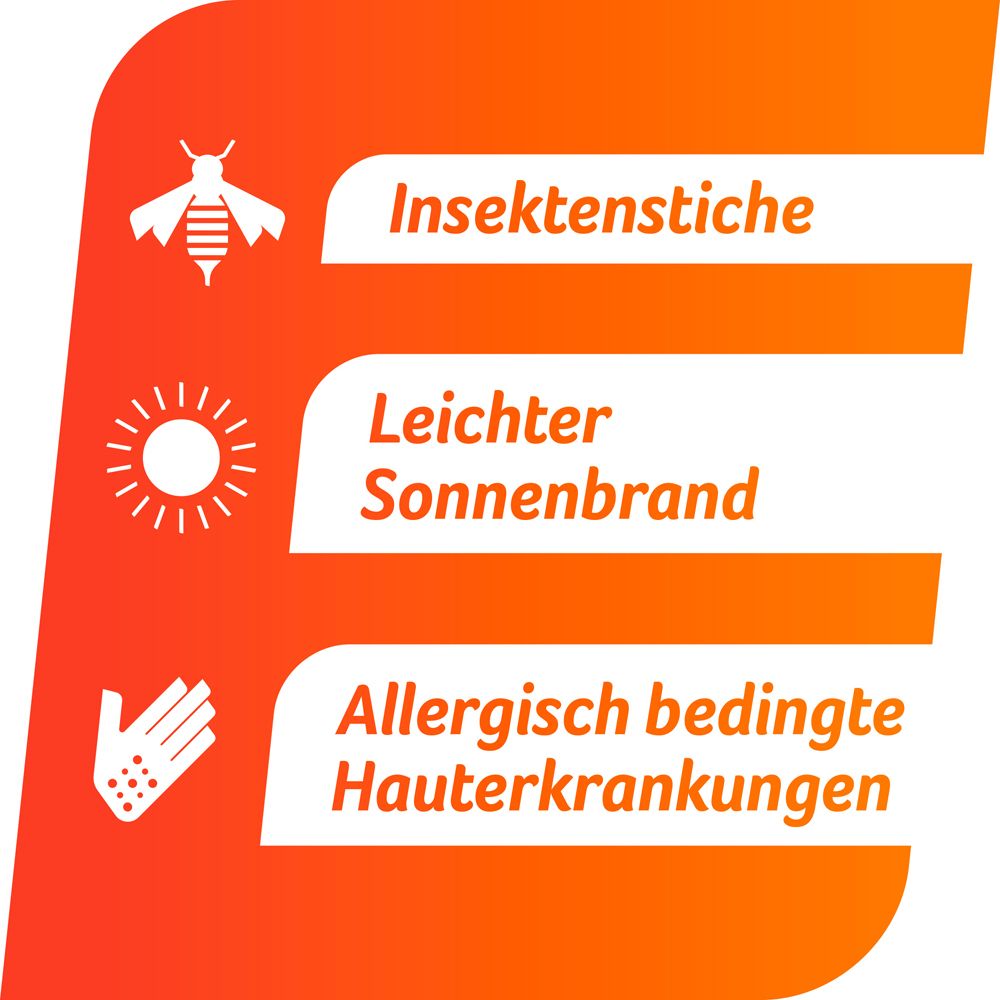 Grafik mit Symbolen für Insektenstiche, Sonnenbrand und allergische Hauterkrankungen. Orangefarbener Hintergrund.
