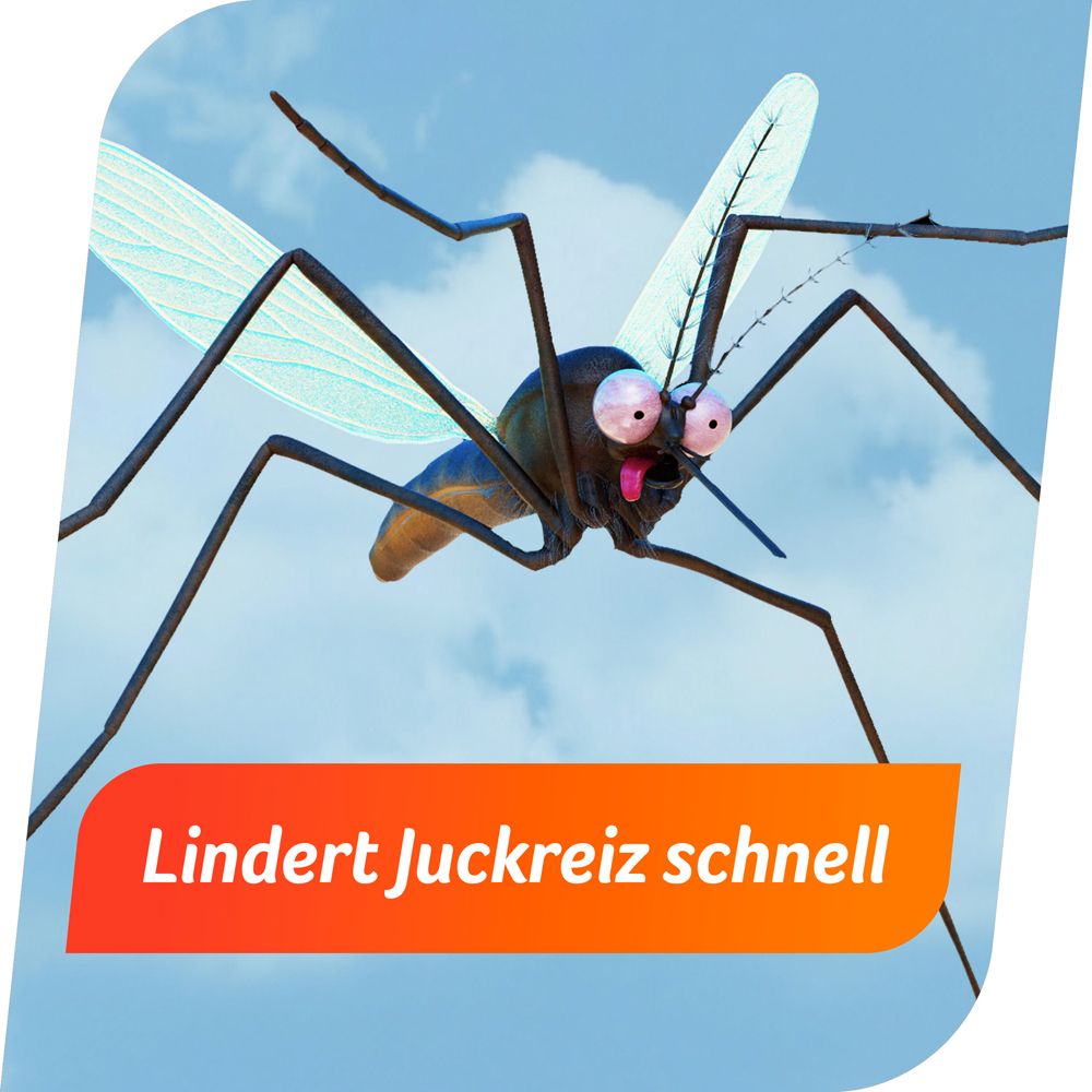 Cartoon-Mücke mit Text: Lindert Juckreiz schnell. Orangefarbener Hintergrund.