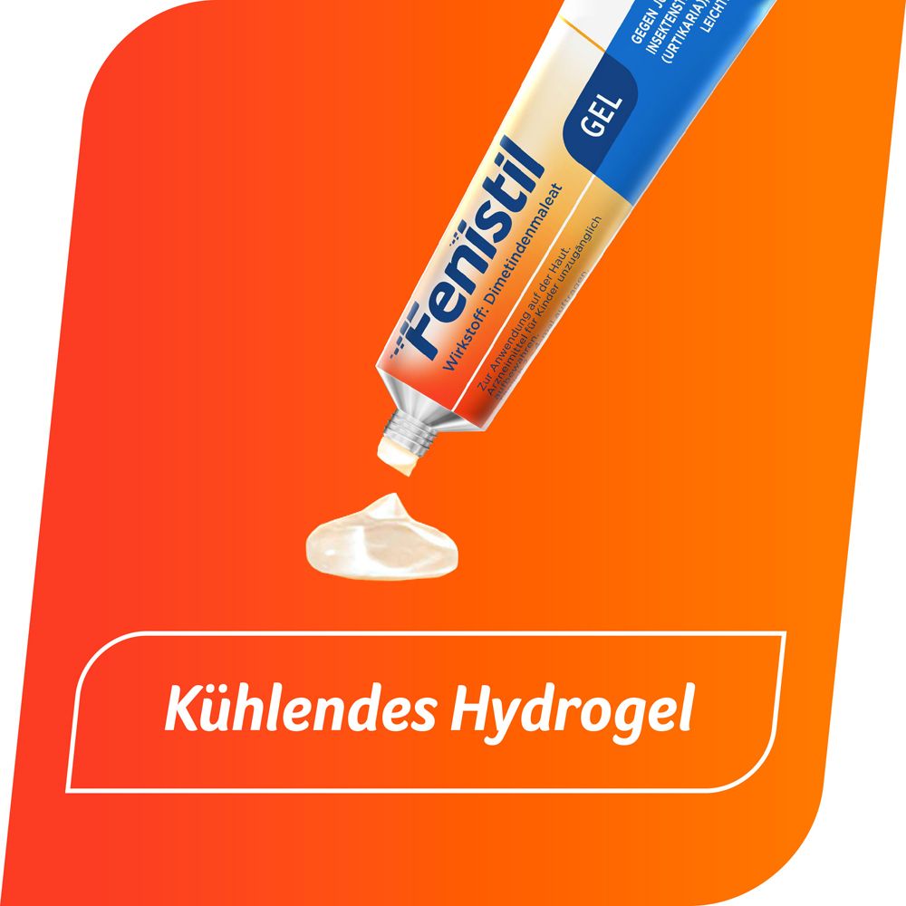 Fenistil Gel wird aus der Tube gedrückt. Text: Kühlendes Hydrogel. Orangefarbener Hintergrund.