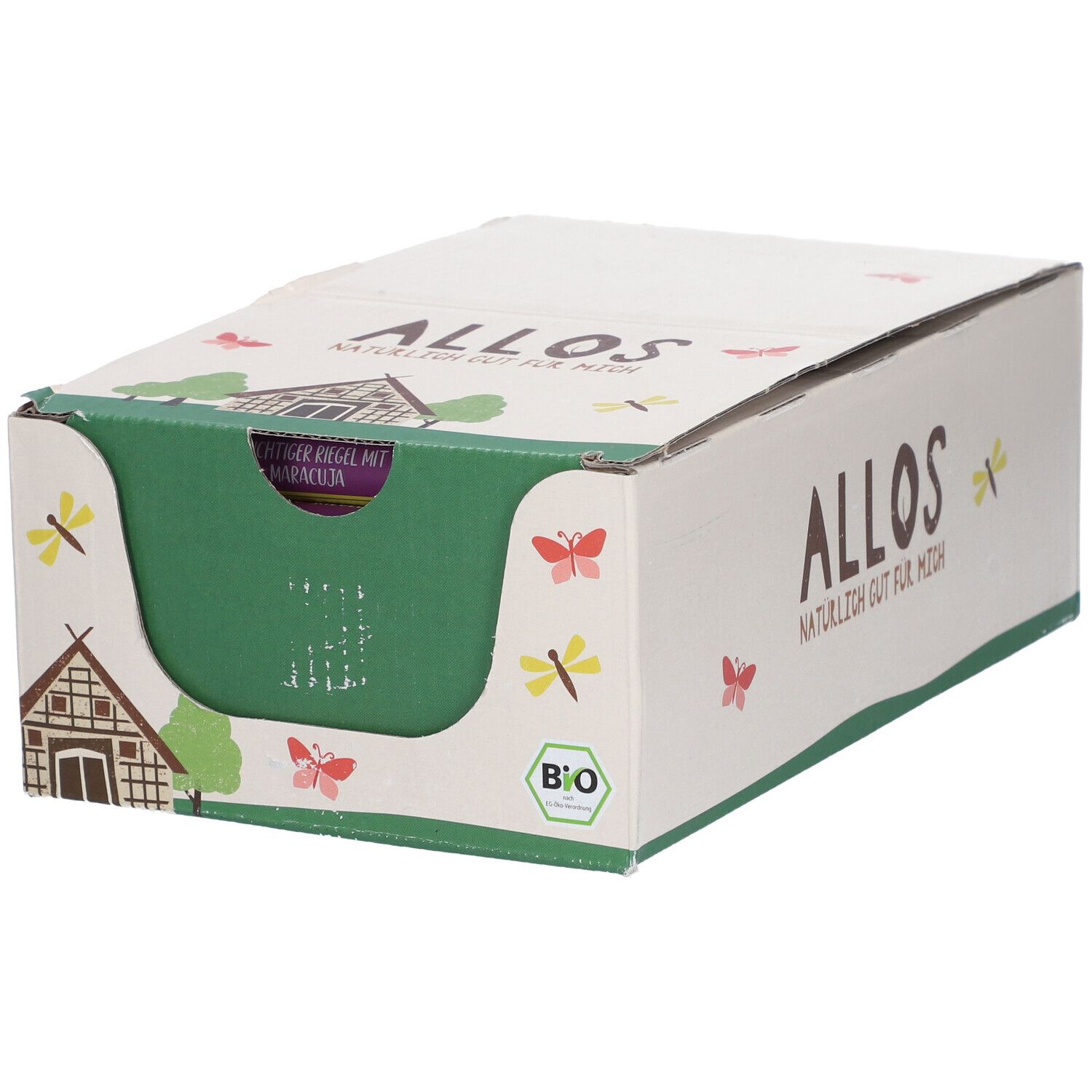 Karton mit Allos-Logo und Bio-Siegel. Sichtbar ist eine grüne Aussparung mit Produktverpackung.