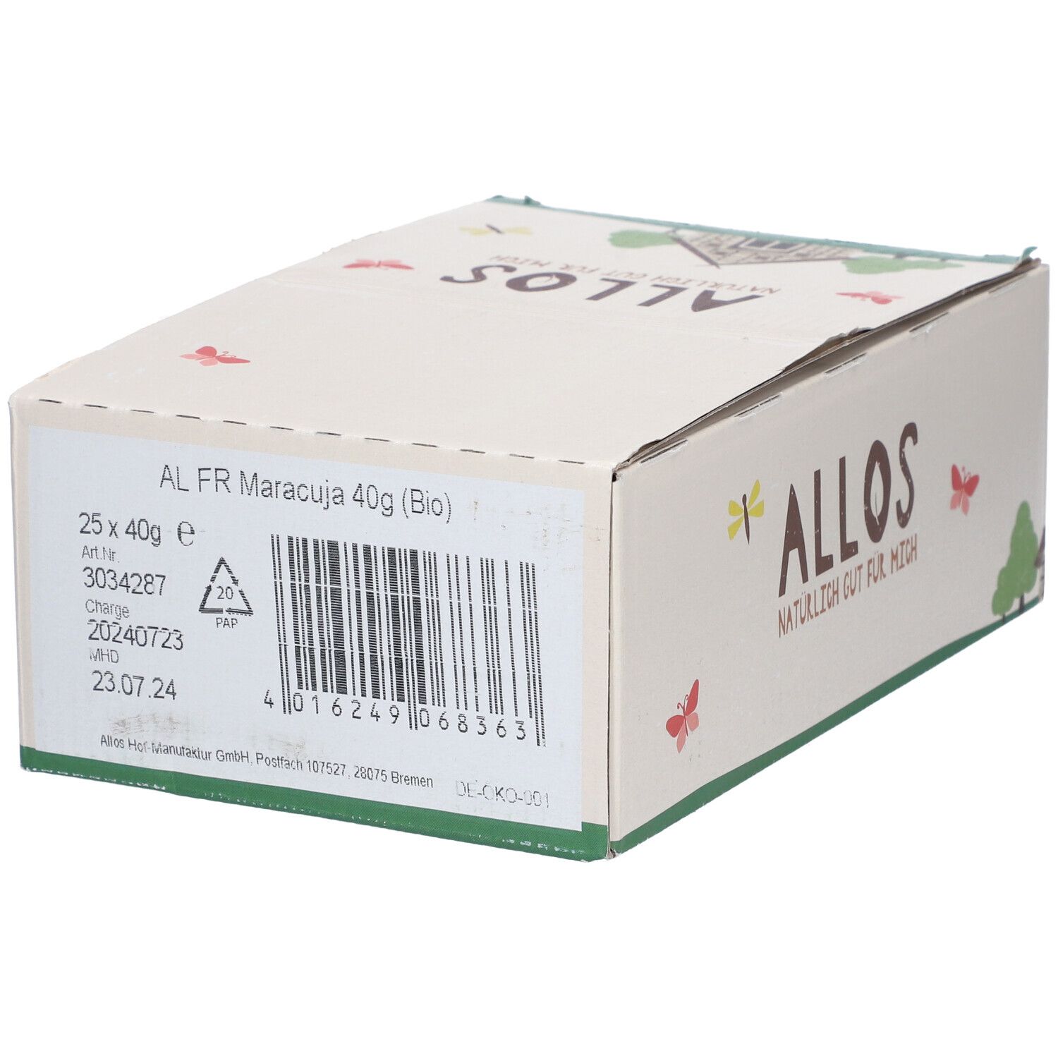 Karton mit Allos-Logo, Produktbezeichnung und Barcode. Enthält Informationen wie Gewicht und Mindesthaltbarkeit.